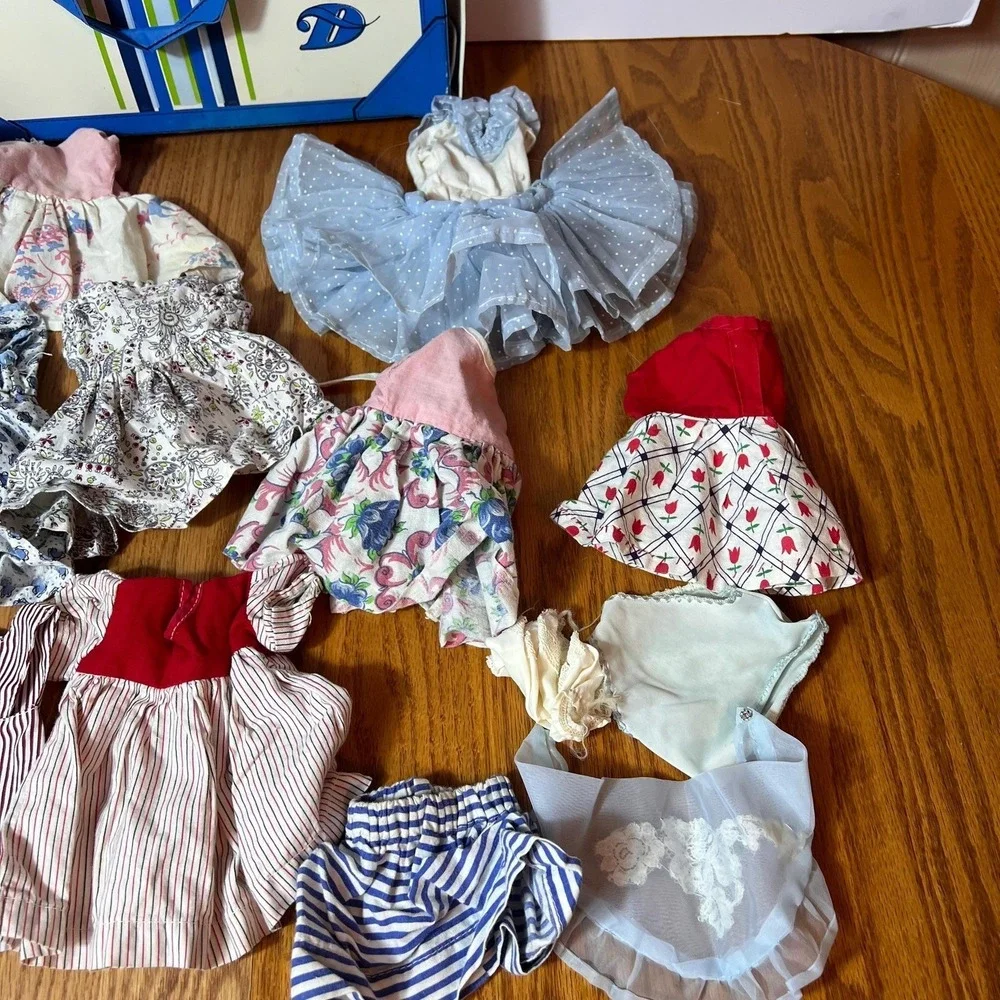 VTG Doll Clothes Lot w/ Blue Carry Case Mixed Doll Outfits Dresses Wardrobe